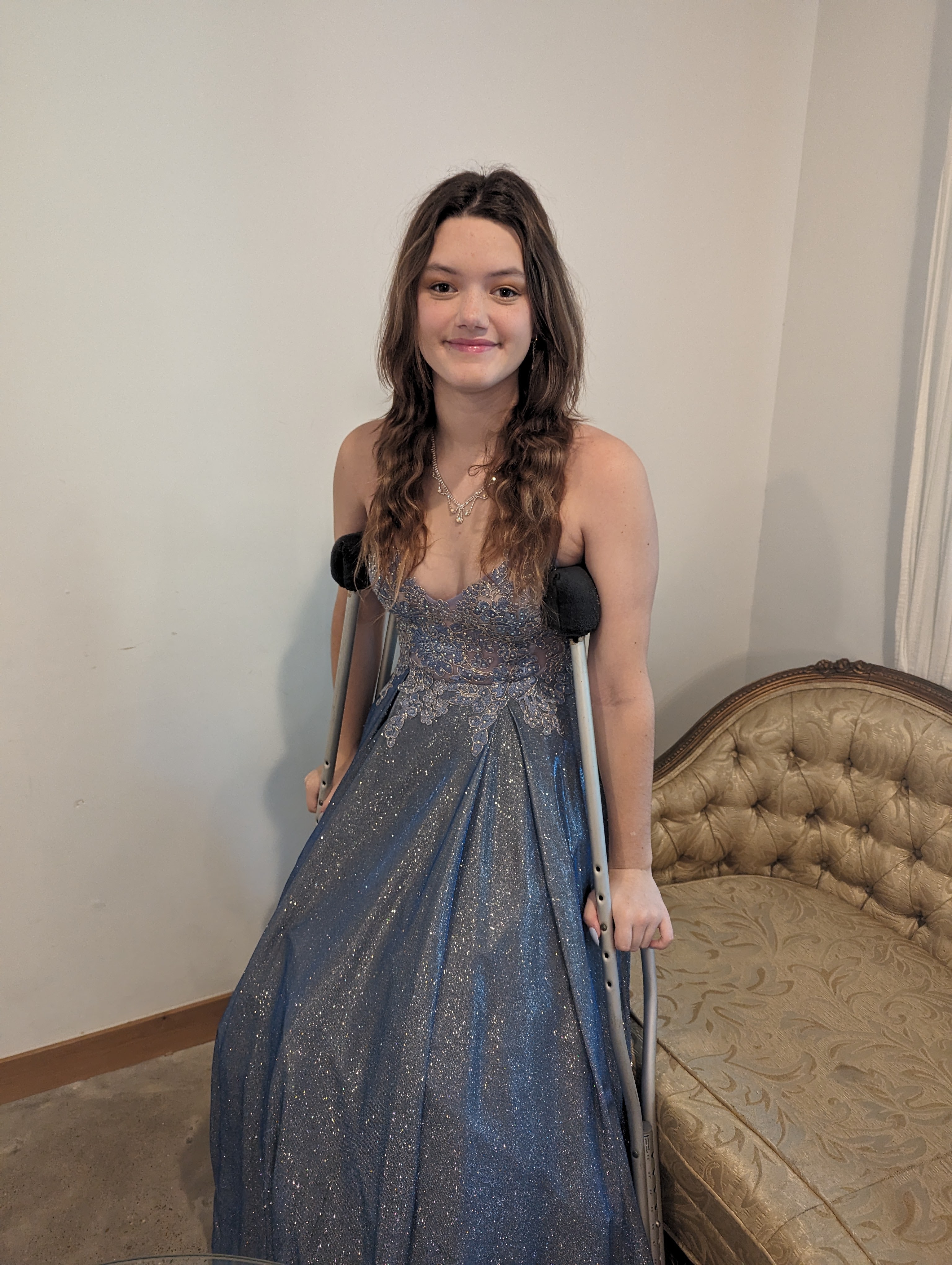 Sam in a lavender prom dress